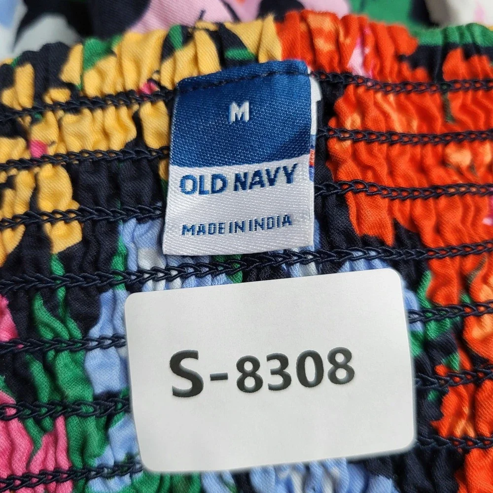 Old Navy‎ Women Blouse M Multicolor Floral Smocking Pullover Waist Defined